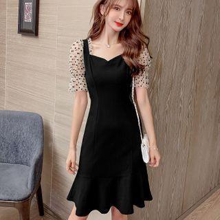 Puff-sleeve Dotted Panel Ruffled Dress