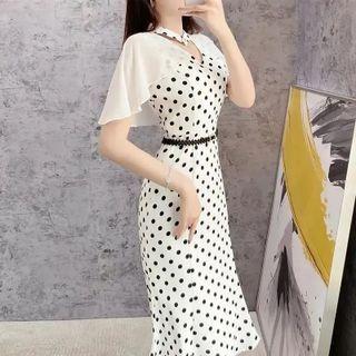 Short-sleeve Cutout Dotted Midi Mermaid Chiffon Dress
