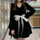 Long-sleeve Tie-waist Mini A-line Dress Black - One Size