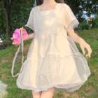 Square-neck Mesh Panel Mini A-line Dress Beige - One Size