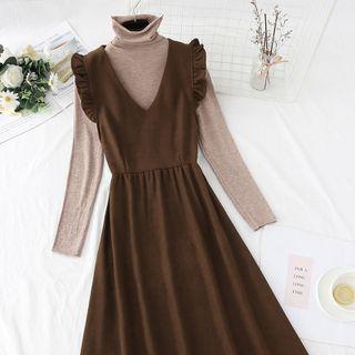 Set: Long-sleeve Turtleneck T-shirt + Ruffle Midi Overall Dress
