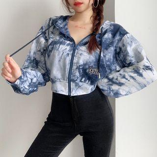 Hooded Dye Print Cropped Zip Jacket