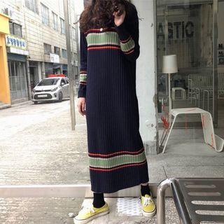 Long-sleeve Color Block Midi Knit Dress Navy Blue - One Size