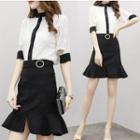 Set: Contrast Trim Lace Elbow Sleeve Shirt + A-line Skirt