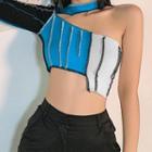 Long-sleeve One-shoulder Color Block Crop Top