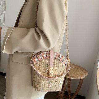 Embroidered Straw Bucket Bag