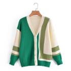 Color Block Ribbed Cardigan Green - One Size