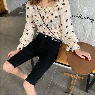 Puff-sleeve Heart Print Smocked Blouse