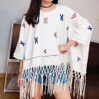 Fringe Hem 3/4-sleeve Cape Top