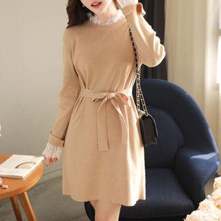 Lace-trim Tie-waist Mini Knit Dress