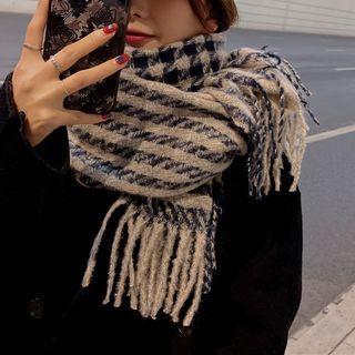 Fringed Houndstooth Scarf 1 Pc - Khaki - One Size
