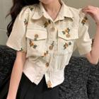 Short-sleeve Flower Embroidered Shirt Flower Embroidery - Almond - One Size
