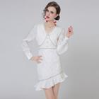 Long Sleeve Lace Trim Ruffled Hem Sheath Dress