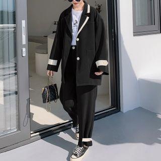 Set: Single Breasted Contrast Trim Blazer + Plain Dress Pants