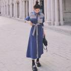 Color Block Single Breasted Tie Waist Shirt Dress