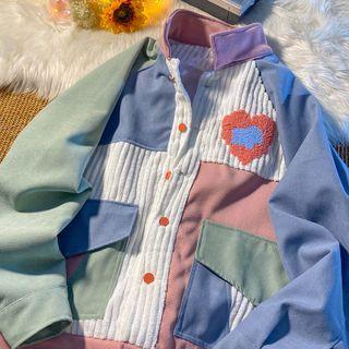 Long-sleeve Heart Embroidered Color Block Shirt