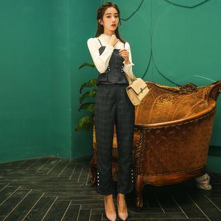 Set: Spaghetti Strap Plaid Peplum Top + Cropped Straight Cut Pants
