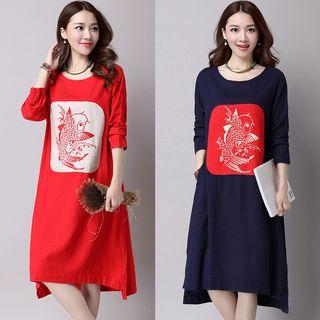 Fish Embroidered Long-sleeve Midi Dress