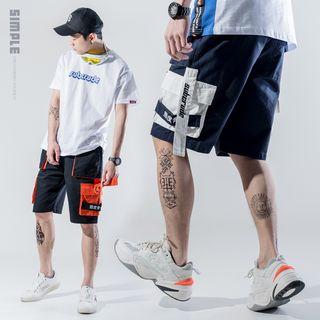 Color Block Embroidered Strap Cargo Shorts