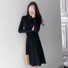 Long-sleeve Knit Pleated Dress Black - One Size