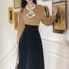 Set: Velvet Blouse + Lace-up Midi A-line Skirt