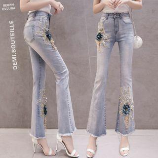 Floral Trim Boot-cut Fray-hem Jeans