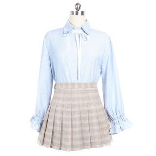 Long-sleeve Plain Tie-neck Blouse / Plaid Pleated A-line Mini Skirt