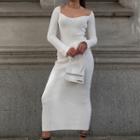 Long-sleeve Ribbed Knit Maxi Sheath Dress