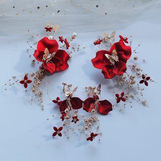Wedding Set: Rhinestone Flower Butterfly Hair Clip + Earring Set Of 2 - Hair Clip & 1 Pair - Clip On Earring - As Shown In Figure - One Size