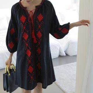 Tie-neck Tasseled Embroidered Dress