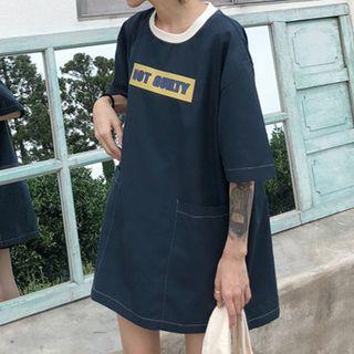 Lettering Elbow-sleeve T-shirt Dark Blue - One Size