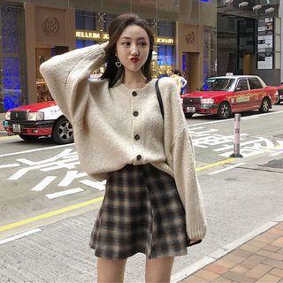 Set: Crew-neck Cardigan + Checked Mini A-line Skirt
