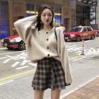 Set: Crew-neck Cardigan + Checked Mini A-line Skirt