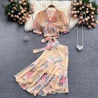 Set Of 2 : V-neck Chiffon Top Lace-up Strap Chiffon Top  + Waist Ruffle Skirt