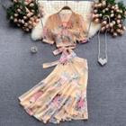 Set Of 2 : V-neck Chiffon Top Lace-up Strap Chiffon Top  + Waist Ruffle Skirt