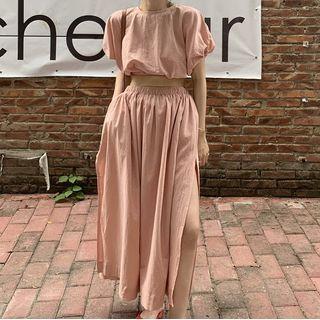Puff-sleeve Crop Top / Slit Midi A-line Skirt