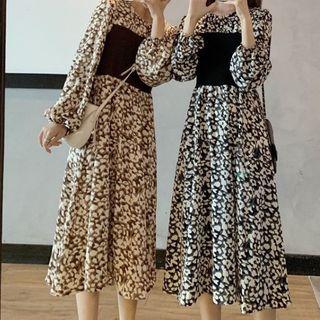 Long-sleeve Paneled Leopard Print Midi A-line Dress