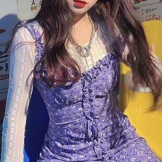 Lace Top / Floral Print Pinafore Dress