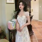 Spaghetti Strap Floral Print A-line Midi Dress / Short-sleeve Lace Shrug