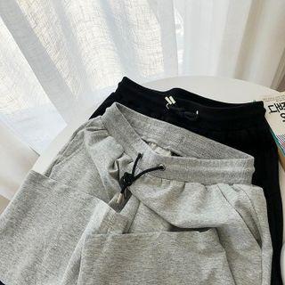 Plain Lace-up Wide-leg Short Sweatpants