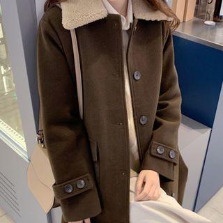 Fleece-collar Single-breasted Wool Blend Coat