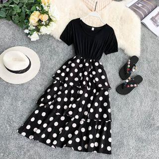 Mock Two-piece Short-sleeve Dotted Midi Tiered Dress