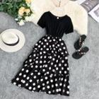 Mock Two-piece Short-sleeve Dotted Midi Tiered Dress