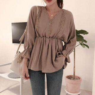 Long-sleeve Lace-trim Half-button Top Chocolate Brown - One Size