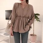 Long-sleeve Lace-trim Half-button Top Chocolate Brown - One Size