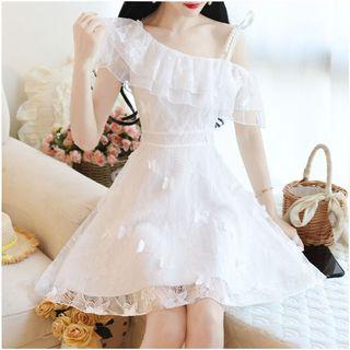 Short-sleeve Cold Shoulder Asymmetric Ruffled Lace A-line Mini Dress