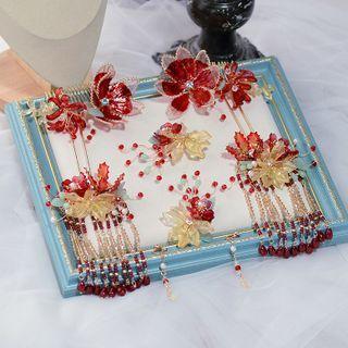 Set Of 7: Flower Headpiece + Clip-on Earring Set Of 7 - Red - One Size