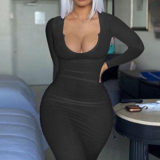 Long-sleeve Scoop Neck Maxi Sheath Dress