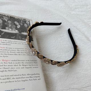 Rhinestone Flower Alloy Headband Gold & Black - One Size