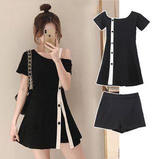 Set: Short-sleeve Contrast Trim Tunic + Shorts